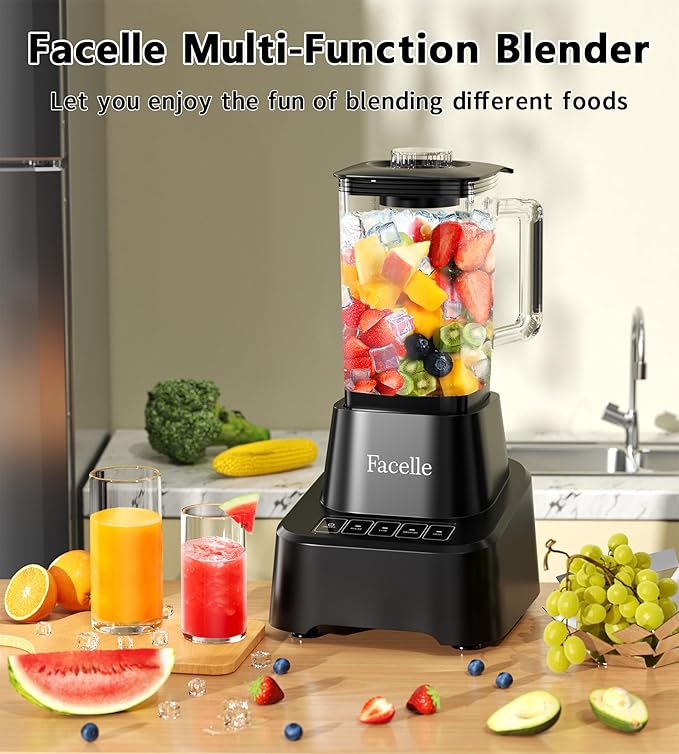 Smoothie Blender, Facelle Countertop Blender for Kitchen, 55 oz Glass blender for smoothies and Shakes, Licuadora, Smoothie maker with touchscreen 3+P Speeds, Cleaning brush ＆ removable SS304 blade