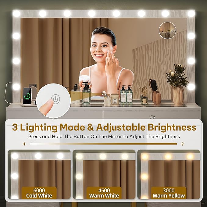 DWVO White Vanity Desk with Mirror: Makeup Table Set with 14 LED Lights & Charging Station Magnifying Mirror, 3 Light Modes, 8 Drawers and Storage Stool