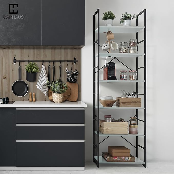 CAPHAUS 6 Tier Bookshelf, 24 Inch Width Free Standing Shelf, Bookcase Shelf Storage Organizer, Industrial Book Shelves for Home Office, Living Room, Kitchen, White Shelves & Metal Frame