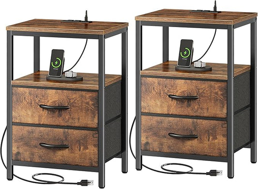 Huuger Nightstands Set of 2, End Tables with Charging Station, Fabric Drawers, Bedside Tables with USB Ports and Outlets, Night Stands for Bedroom, Rustic Brown