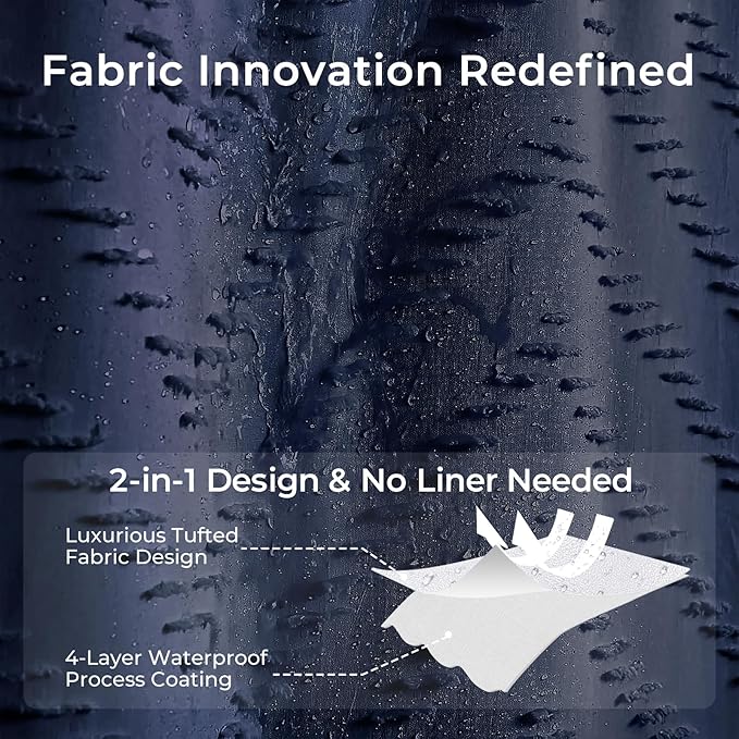 84 Inches Long Boho Tufted Chevron Striped Fabric Shower Curtain Navy Blue 72x84 Tall Minimalist Waterproof Cloth Shower Curtain, Wrinkle Free