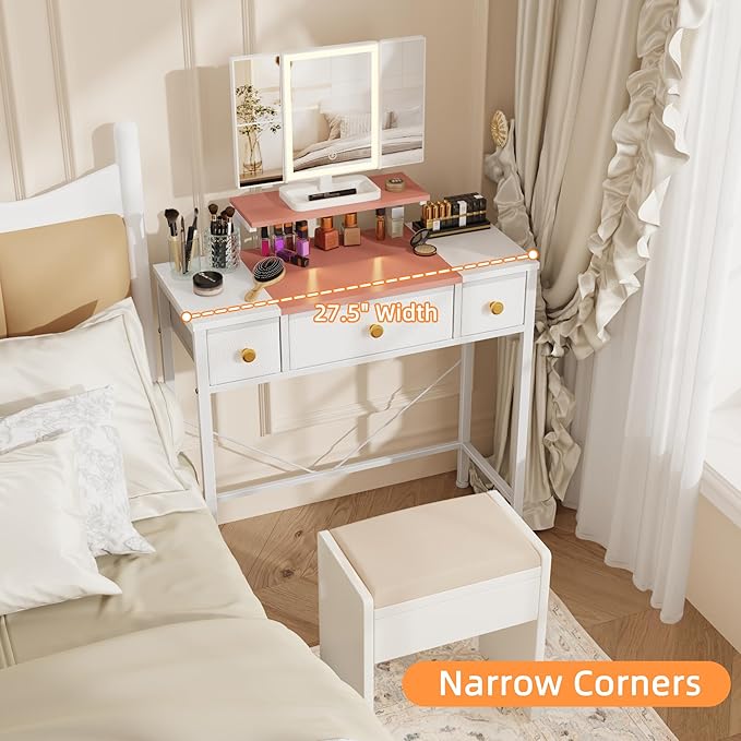 Small Makeup Vanity Desk 27.5''W with Mirror and Lights, Vanity Desk with 3 Fabric Drawers and Height-Adjustable Stand, Vanity Table for Girls Gifts, Bedroom and Small Spaces, White&Pink