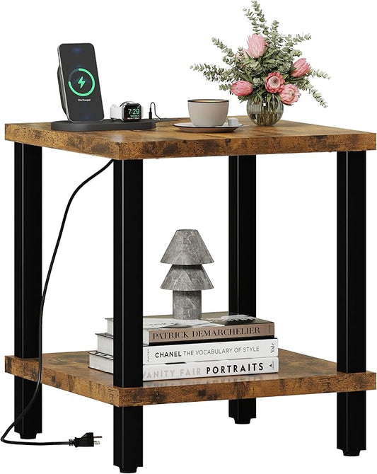 Large End Table Square Side Table with Charging Station Modern Sofa Table 20 Inch Industrial Coffee Table NightStand with 2-Tier Storage Shelf for Living Room Bedroom Rustic Brown MLBZ06RE