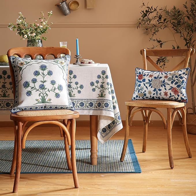 patdrea Designer Throw Pillow Covers Set of 2,Blue Euro Elegant Linen with Blooming Floral Pattern Pillow Cover,Decorative Square Pillowcases Cushion for Bed Living Room Outdoor Car,18"x18"