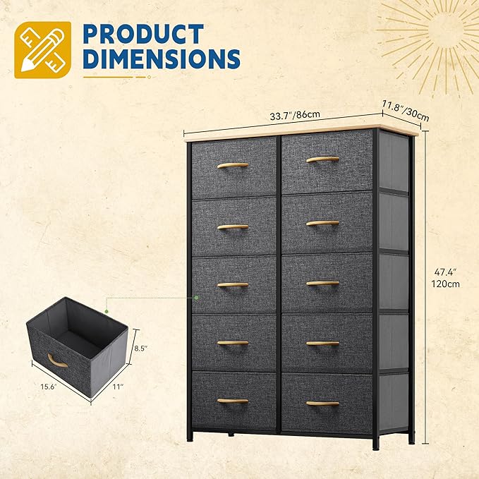 DWVO 10 Drawers Dresser, Fabric Dresser, Fabric Storage Tower, Organizer Unit for Bedroom, Living Room, Hallway, Closets