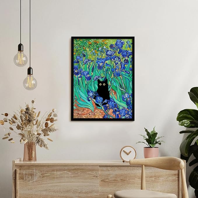 Krtoni Framed Van Gogh Irises Canvas Wall Art, Famous Oil Paintings Garden Flower Black Cat Wall Decor, Impressionism Funny Vintage Print Artwork For Farmhouse Gallery Bathroom 16''L x 12''W