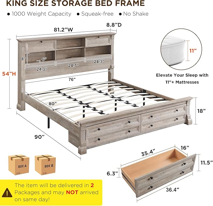 Farmhouse King Size Bed Frame with 54" Tall Storage Bookcase Headboard, 18" Roman Column Decoration Footboard,2 Drawer & 4 Storage Rack, Wood Platform Bed Frame, No Box Spring Needed(Light Rustic Oak)