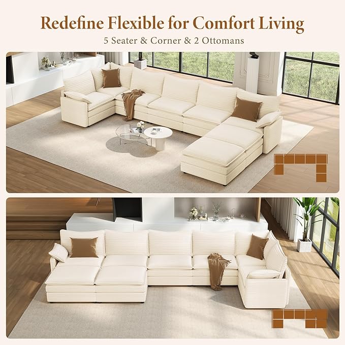 Vesgantti Large Modular Sectional Sofa, Big Comfy Cloud Couch with Ottoman Deep Seat Corduroy Cloud Sofa, 8 Seater Large Sectional Couches for Living Room, Bedroom and Apartment, Beige