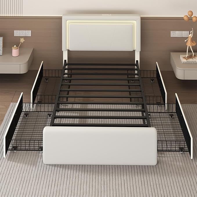 Twin Size Bed Frame with 4 Storage Drawers and LED Lights, Upholstered Platform Bed with Adjustable Headboard and Charging Station, Metal Slats Support, No Box Spring Needed,Easy Assembly, White