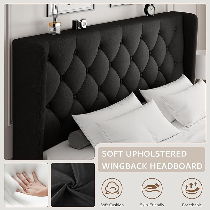 iPormis Queen Size Platform Bed Frame with Button Tufted Headboard, Upholstered Bed Frame with Solid Wooden Slats, 8" Underbed Space, No Box Spring Needed, Noise Free, Easy Assembly, Black