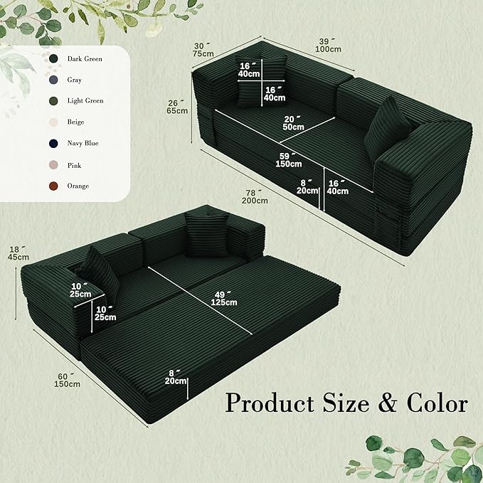 Sectional Boneless Couch Convertible Sofa Bed,78'' Modular Sectional Sleeper Sofa with Removable Armrests & 3 Pillows,Small Floor Couch No Assembly Needed for Living Room, Office, Bedroom,Dark Green