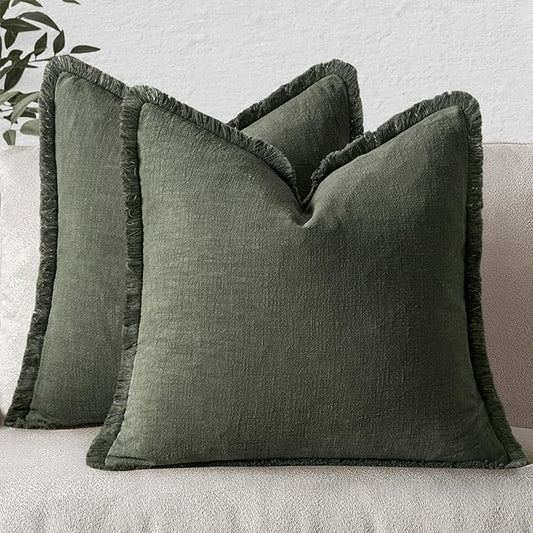 MIULEE Decorative Throw Pillow Covers Neutral Linen Fringe Throw Pillows Set of 2 Rifle Green Boho Farmhouse Cushion Covers with Tassels for Couch Sofa Bed Living Room Spring Home Decor 18x18 Inch