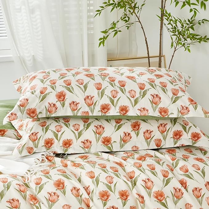 SAPHREAS Red Tulips Floral Duvet Cover Set Full Size 3pcs Green Leaves Soft Cozy Bedding Comforter Cover Set 100% Cotton 1 Duvet Cover 90"x80" 2 Pillow Shams, Comforter Not Included