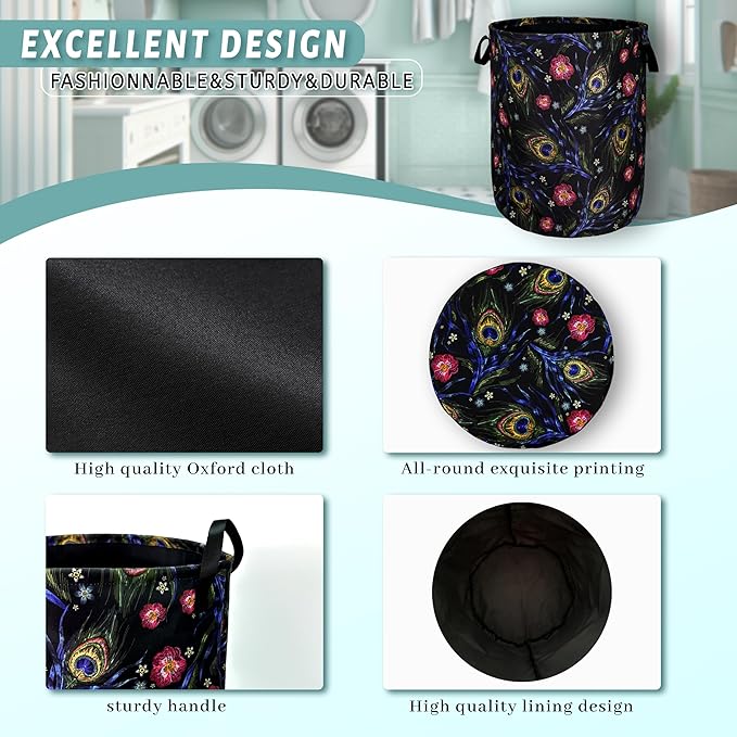 Colorful Peacock Feathers Laundry Basket Foldable With Handles Tote Bag Oxford Cloth Beautiful Laundry Hamper 18.9"x16.5" Clothes Storage Bucket Toy Organizer For Bathroom/Laundry/Bedroom