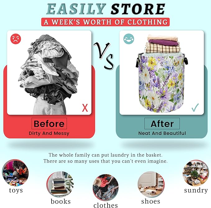 Purple Flower With Butterfly Laundry Basket Foldable With Handles Tote Bag Oxford Cloth Colorful Laundry Hamper 18.9"x16.5 "Clothe Storage Bucket Toy Organizer For Bathroom/Laundry/Bedroom