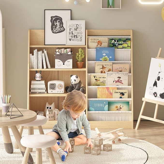 4 Tier Kids Bookshelf Baby Toddler Book Rack Children Bookcase Toy Storage Organizer with 6 Sling Adjustable Shelf for Nursery Playroom Classroom Library Bedroom Natural Wood