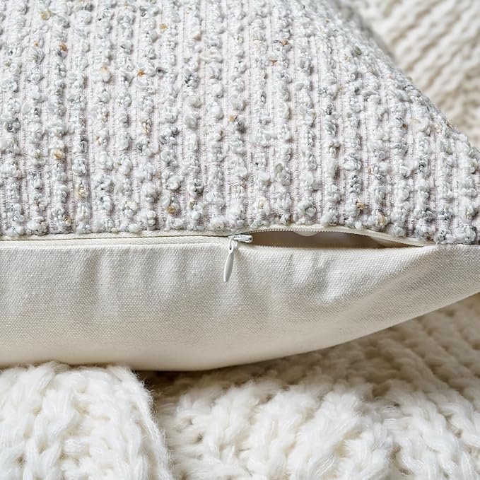 Striped Throw Pillow Covers 24x24 Set of 2 Cream Grey Textured Boucle Chic Morden Boho Accent Farmhouse Square Decorative Couch Pillow Covers for Home Decor Bed Sofa Living Room