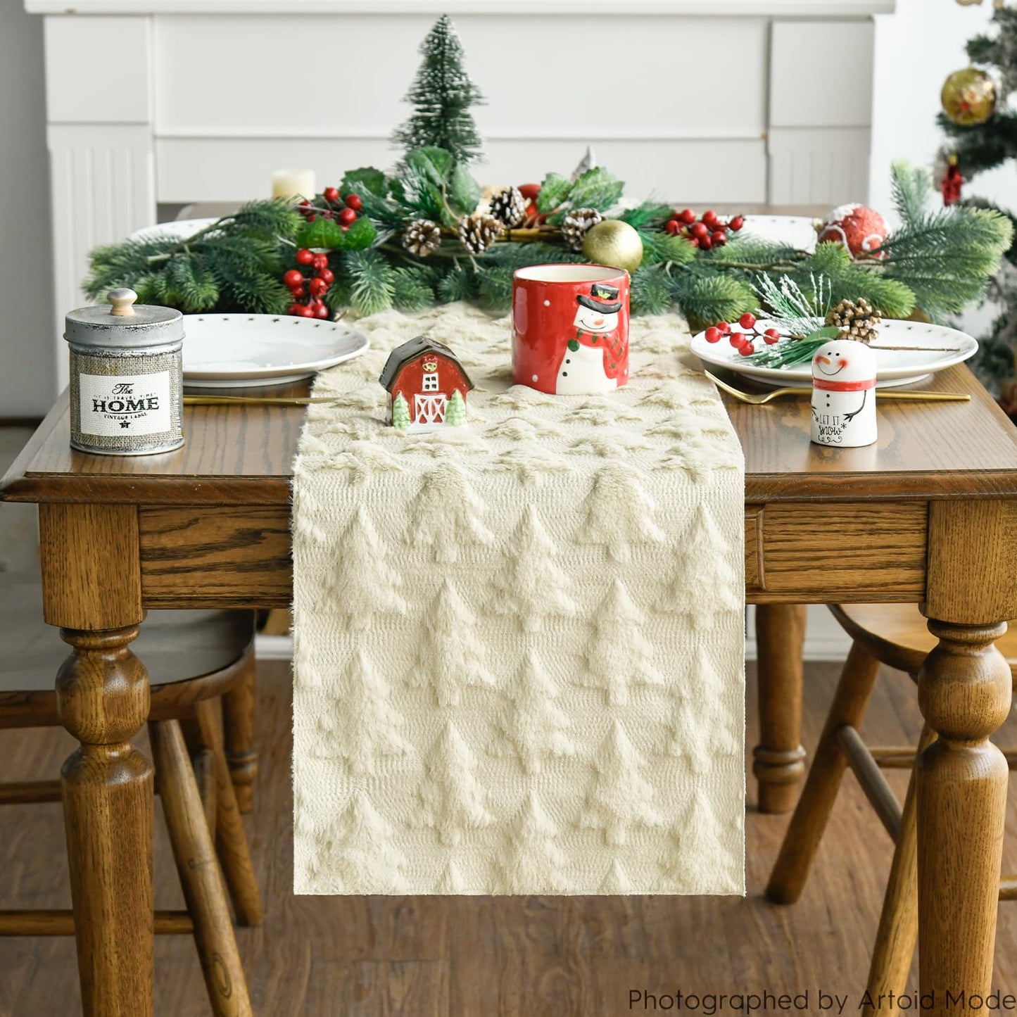 Artoid Mode Christmas Trees Beige Soft Plush Faux Fur Jacquard Christmas Table Runner, Holiday Kitchen Dining Table Decoration for Home Party Decor 13x72 Inch
