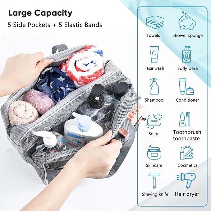 Large Mesh Shower Caddy with Wet & Dry Zones – Portable Hanging Toiletry Bag for College Dorm Room Essentials, Travel, Gym, Camping, Beach Tote Bag – Quick-Dry Shower Tote Organizer