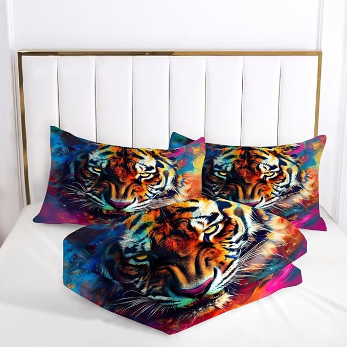 Tiger Comforter Set King for Kids Boys Tie Dye 3D Animal Print Bedding Comforter Cover Wildlife Tiger Theme Bedding Set Microfiber 3 Pcs with 1 Comforter and 2 Pillowcases
