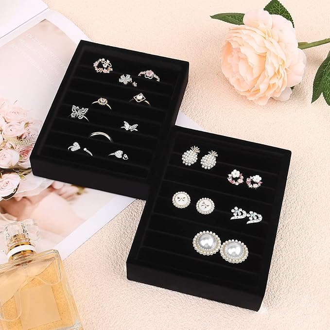Small Jewelry Tray-Ring Organizer 2PCS Premium Velvet Rings Earrings Display Tray Storage Insert Holder for Jewelry Box, Drawer, Dresser (8 Slots, Black)