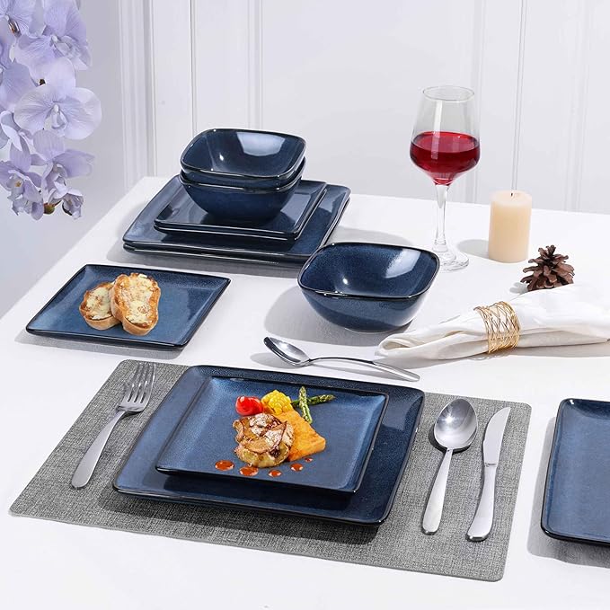 Herogo 12 Pieces Square Stoneware Dinnerware Set, Service for 4, Dinner Plates and Bowls Sets, Double Reactive Glaze Dishes Set for Kitchen, Scratch Resistant, Dishwasher Safe, Starry Blue