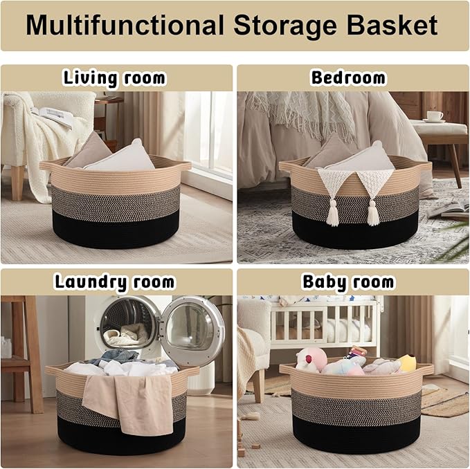 OIAHOMY Extra Large Storage Basket, 23" x 13" Woven Blanket Storage for Living Room, Round Laundry Basket for Pillow-Yellow and Black