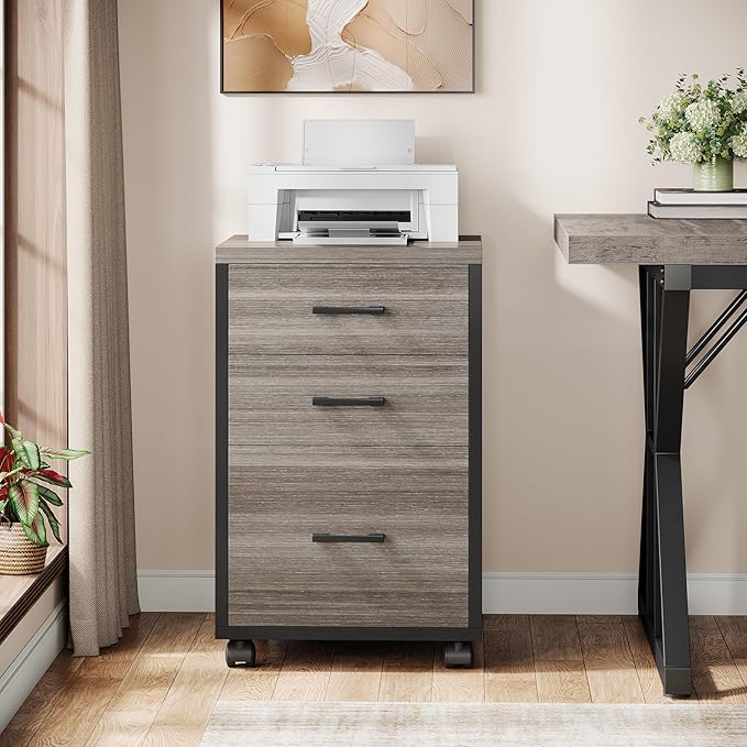 Triebsigns 3 Drawer File Cabinet, Wooden Office Filing Cabinet, Modern Rolling Printer Stand for Home Office, fits A4 or Letter Size, Under Desk (Grey)