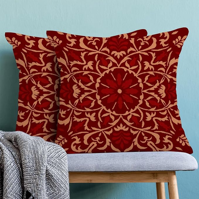 Boho Pillow Covers 18x18 Set of 2, Christmas Burgundy Red Bohemian Floral Decorative Throw Pillows Linen Blue Print Farmhouse Cushion Pillow Covers for Sofa Couch Outdoor