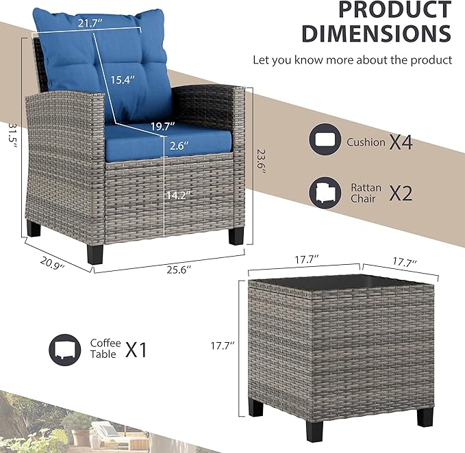 Vongrasig 3 Piece Patio Furniture Set Small Outdoor Wicker Rattan Front Porch Bistro Set Cushioned Patio Chairs Conversation Set with Glass Table for Lawn, Garden, Backyard, Balcony, Poolside (Blue)