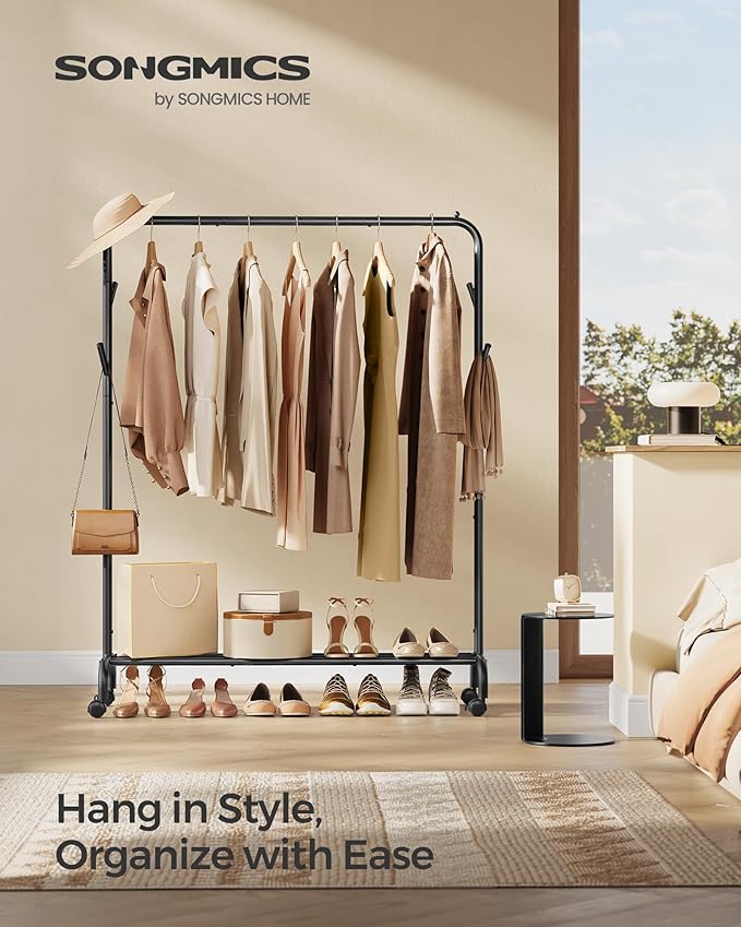 SONGMICS Clothes Rack, Clothing Rack for Hanging Clothes with Wheels, Garment Rack, Metal Frame, 110 lb Max. Total Load, 40.7 Inches Wide, Clothes Storage and Display, Black UHSR131B01