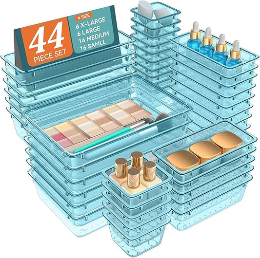 WOWBOX 44 PCS Clear Plastic Drawer Organizer Set, 6 Varied Size storage Bins and Desk Drawer Organizer Trays for Makeup, Gadgets, Jewelry and Utensils in Bathroom, Bedroom and Office, Clear Sea Blue