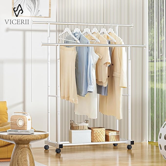 Double Clothing Rack, 55.51 Inch Garment Rack with Wheels and Bottom Shelf, 130LB Capacity Heavy Duty Rolling Clothes Racks for Hanging Clothes, Coats, Shirts, Sweaters, Skirts, White