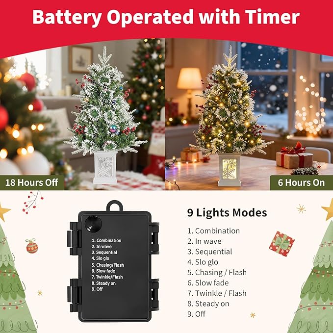 2 Pack Small 3FT Pre-Lit Snow Flocked Christmas Tree with Twinkling Lights for Home Office Christmas Decor- Battery Operated & Timer (Snowflake Base)