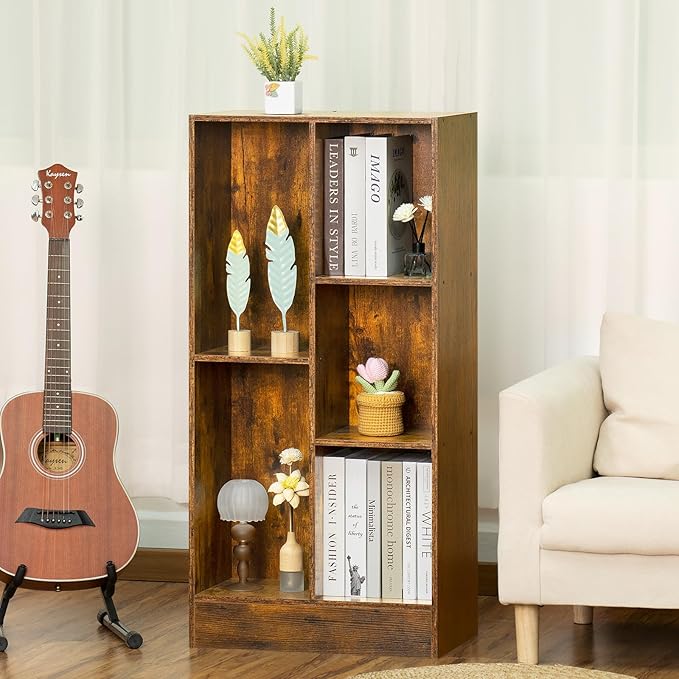 LEYAOYAO 5 Cube Mid-Century Modern Brown Wood Bookcase, 3 Tier Storage Organizer Shelf, Rustic Display Cabinet for Bedroom, Living Room, Office