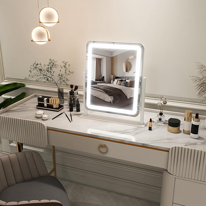 FENNIO Vanity Mirror with Lights - 15"x12.6" LED Lighted Makeup Mirror, Large Makeup Mirror with Lights, Touch Screen with 3-Color Lighting, Dimmable, for Vanity Desk Tabletop, Bedroom