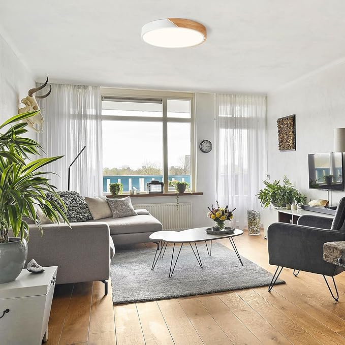 Modern Dimmable White LED Ceiling Light, 2700 K - 6000 K 5CCT Wood Flush Mount Ceiling Lighting Fixtures, Minimalist Round Ceiling Lamp for Living Room Bedroom Kitchen Hallway（15.8in）