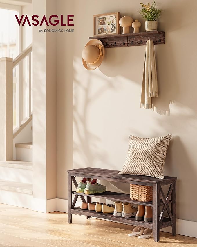 VASAGLE, Entryway Storage Bench, 2-Tier Shoe Rack, 11.8 x 39.4 x 18.9 Inches, Holds up to 600 lb, Farmhouse Style, for Living Room, Bedroom, Maroon Brown ULSB153K51