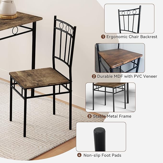 Kitchen Dining Table Set for 4, 5-Piece Kitchen Table Set,Dining Room Table Sets,Rectangular Kitchen Table Set with 4 Chairs for Small Space, Dinette,Apartment, Rustic Brown