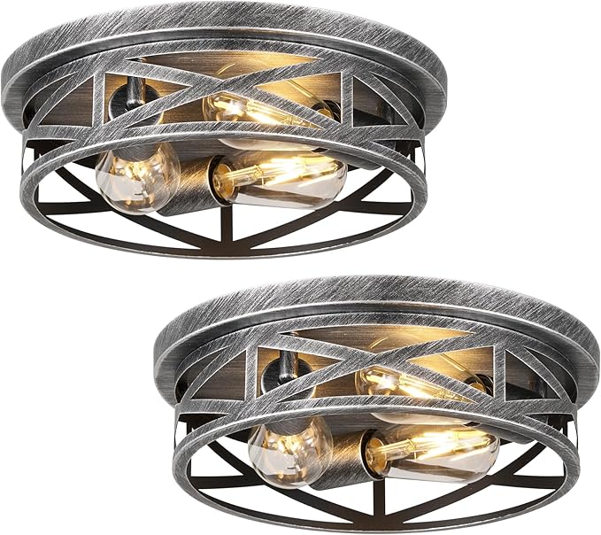 Close to Ceiling Light Fixtures, 3-Lights Cage Flush Mount Ceiling Light, Black and Silver Farmhouse Metal Semi Flush Mount Ceiling Light for House Hallway Kitchen Bedroom, 2 Pack