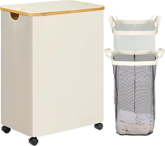 efluky Double Laundry Hamper with Wheels, Divided Laundry Hamper with Removable Bags, 2 Section Dirty Clothes Basket with Handles for Bathroom, Bedroom & Laundry Room, 160L Beige