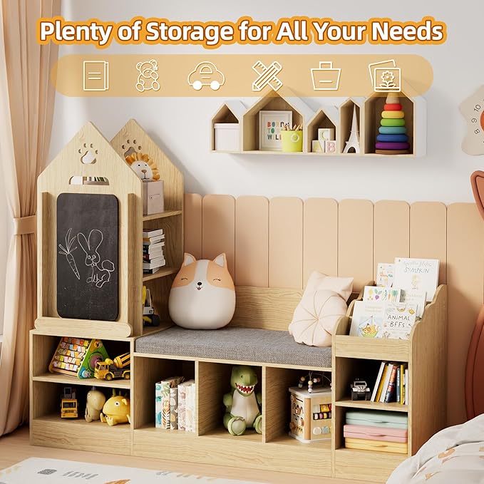 Xilingol Kids Reading Nook with Storage Bench and Chalkboard, Wooden Kids Bookshelf and Toy Storage, Toy Organizer for Boys & Girls, Toddler Reading Nook for Bedroom, Nursery, Playroom, Natural Oak