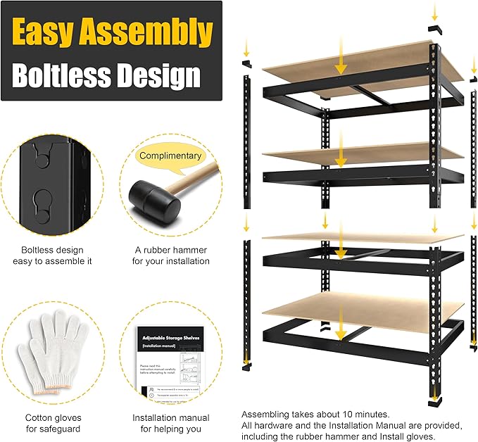 PrimeZone 40" W x 20" D x 59" H Heavy Duty Storage Shelves, 4 Tier Adjustable Garage Shelving Unit, Metal Organizer Shelf Utility Rack for Warehouse Pantry Closet Kitchen, Black