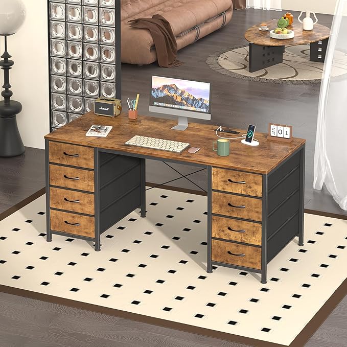 50 Inch Computer Desk with 8 Drawers, Home Office Desk with Power Outlets, Work Study Gaming Desk with 8 Fabric Drawers, Rustic Brown