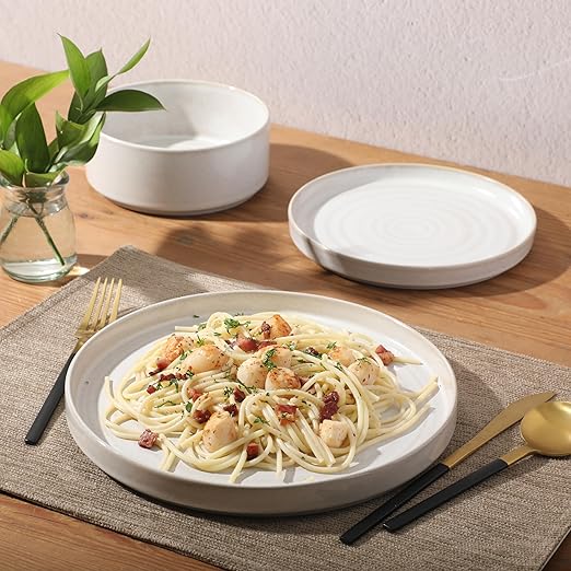 Gibson Elite Echo Bay 12 Piece Porcelain Reactive Glaze (Service for 4) Ceramic Plates and Bowls Modern Stackable Dinnerware Set - White