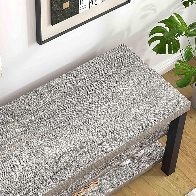 FOLUBAN Shoe Storage Bench, Rustic Wood Entryway Bench for Hallway Entrance, Vintage Indoor Bench with Shoe Storage and Seating for Bedroom Living Room, Light Grey, 47 Inch