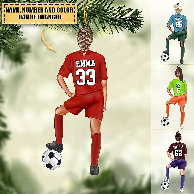 Nazenti Personalized Soccer Christmas Ornament - Custom Girl Soccer Player Ornament, Soccer Women Player Christmas Ornament, Xmas Gifts for Football Lovers Fan, 2D Flat Shape Soccer Car Ornament