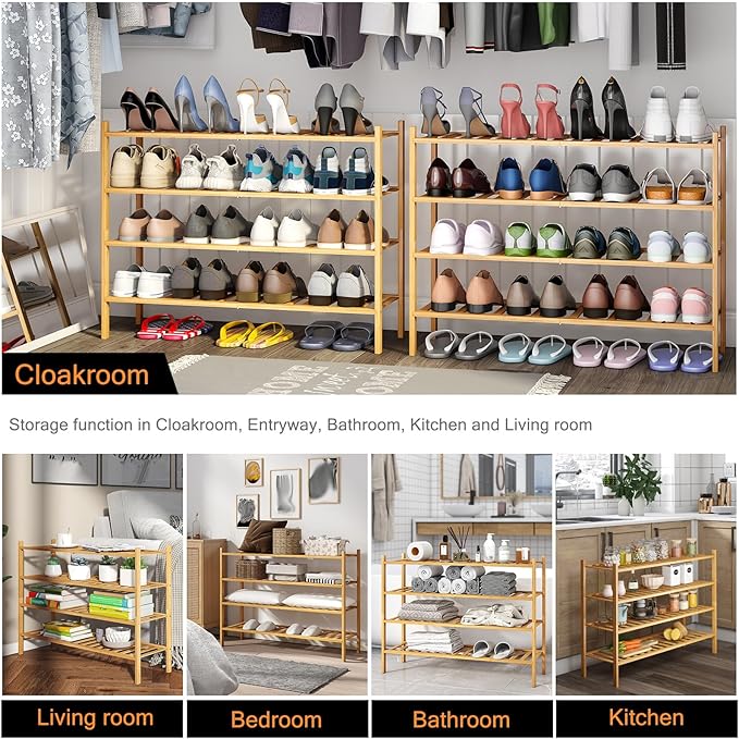 Long Shoe Rack, 4-Tier Bamboo Stackable Shoe Shelf Storage Organizer, Shoe Stand for Closet, Entryway and Hallway