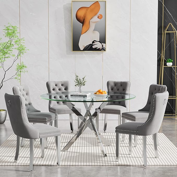 Goujxcy Round Dining Table Set for 6, Modern Glass Kitchen Table and Chairs Set of 6, 7-Piece Dining Room Table Set w/47 Circle Silver Glass Dining Table and 6 Upholstered Velvet Chairs