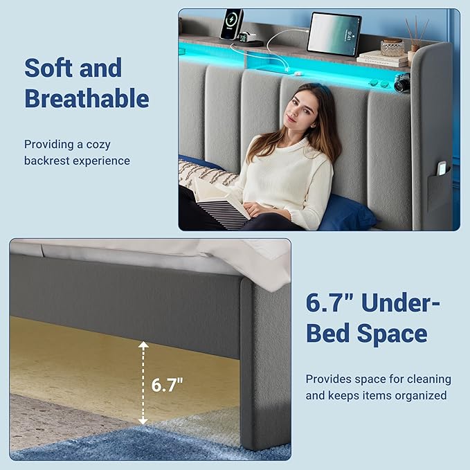 Allewie Velvet Vertical Tufted Full Size Upholstered Platform Bed Frame with 2-Tier LED Storage Headboard & 2 Storage Drawers, USB & Type-C Charging Ports, Noise-Free/No Box Spring Needed, Grey
